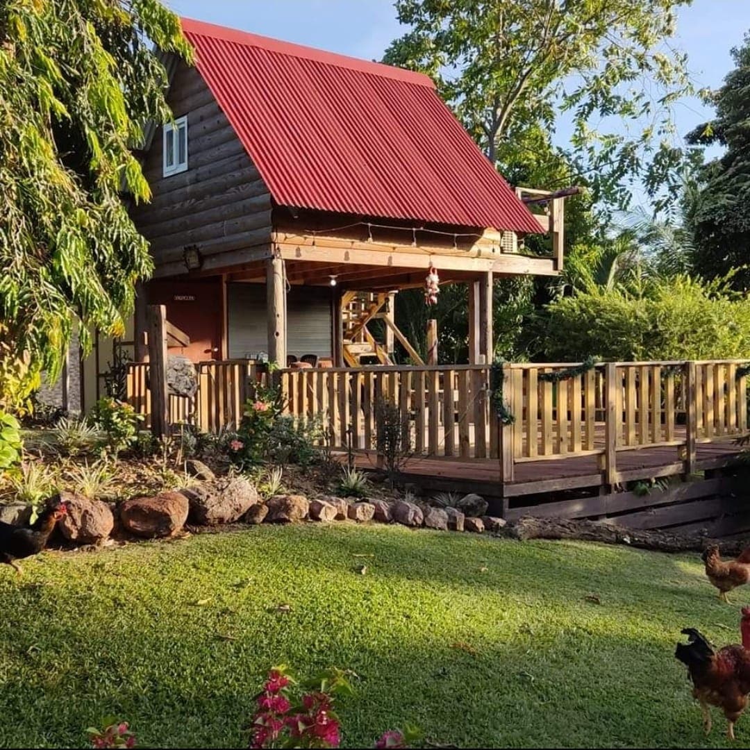 A wooden cabin with a striking red metal roof is surrounded by lush greenery. A spacious deck with wooden railings invites relaxation, offering views of the well-maintained garden below. The peaceful setting is enhanced by various plants and trees, contributing to a natural ambiance.