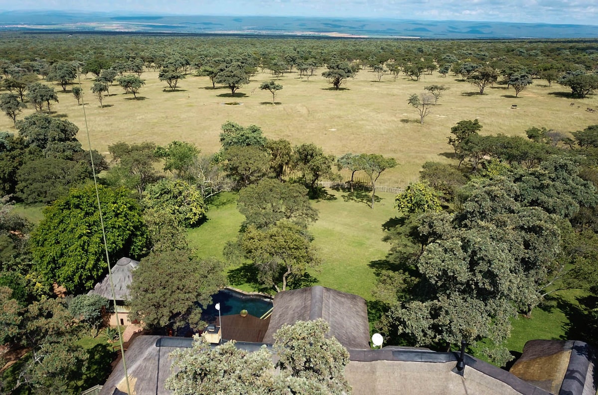 An aerial view captures the expansive landscape surrounding Matamba Lodge, showcasing vast plains dotted with trees and gentle rolling hills. The lodge roof is visible in the foreground, with lush greenery and an infinity pool blending into the natural setting.