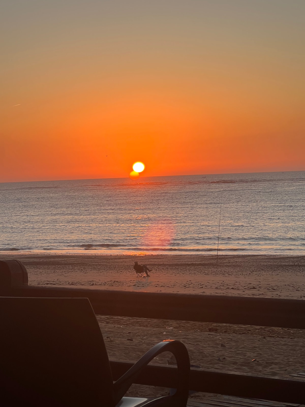 A sunset is captured over the ocean, with a vibrant orange sky reflecting on the calm waters. A silhouette of a dog is seen on the sandy beach, adding a sense of tranquility to the picturesque scene.