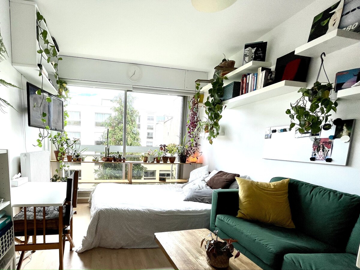 A bright studio space is displayed, featuring a spacious bed with light bedding. Plants adorn the shelves and window area. A seating area includes a green couch and a wooden table with two chairs. Natural light fills the room, offering views of greenery outside.