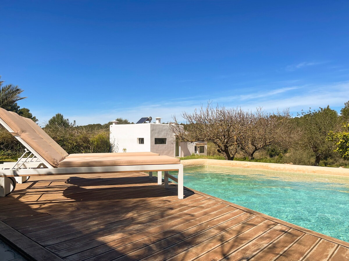 A shared swimming pool is surrounded by wooden decking, featuring a single sun lounger for relaxation. The pool reflects the clear blue sky and is framed by lush greenery and fruit trees, creating a serene outdoor space.