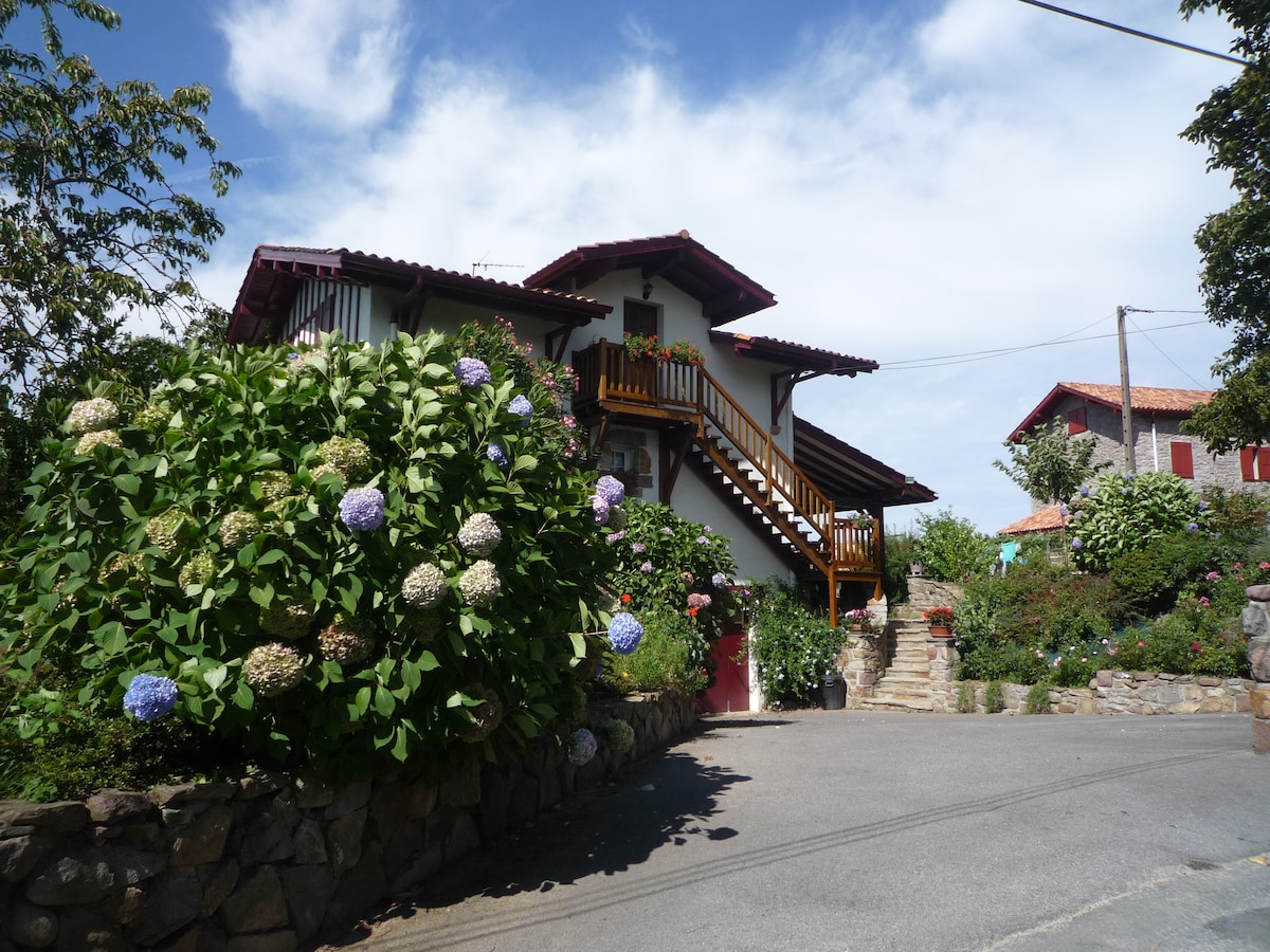 A charming two-story house is set against a clear blue sky, surrounded by vibrant hydrangeas and greenery. A wooden staircase leads to the upper level, while the stone wall adds to the garden's natural appeal. The pathway invites visitors towards the entrance.