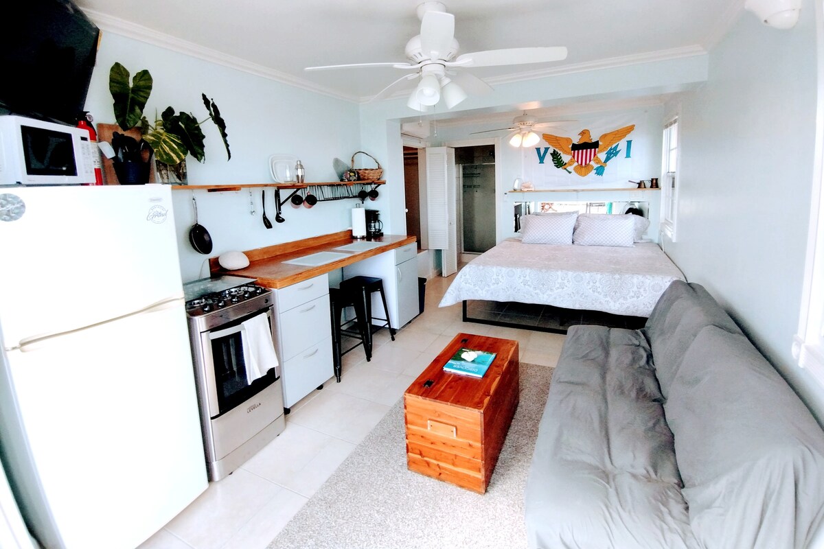 סטודיו פונקציונלי עם ארון, מטבח וחדר רחצה פרטי.  