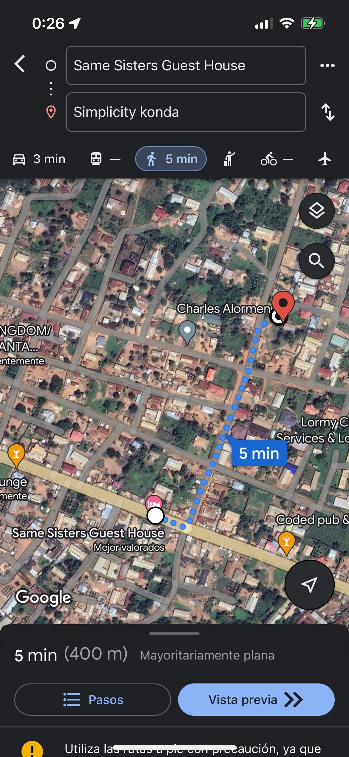 An aerial view displays a neighborhood layout, highlighting a street lined with residential homes. A blue line indicates a route from a marked location to Same Sisters Guest House, approximately 400 meters away, suggesting ease of access and proximity to amenities.