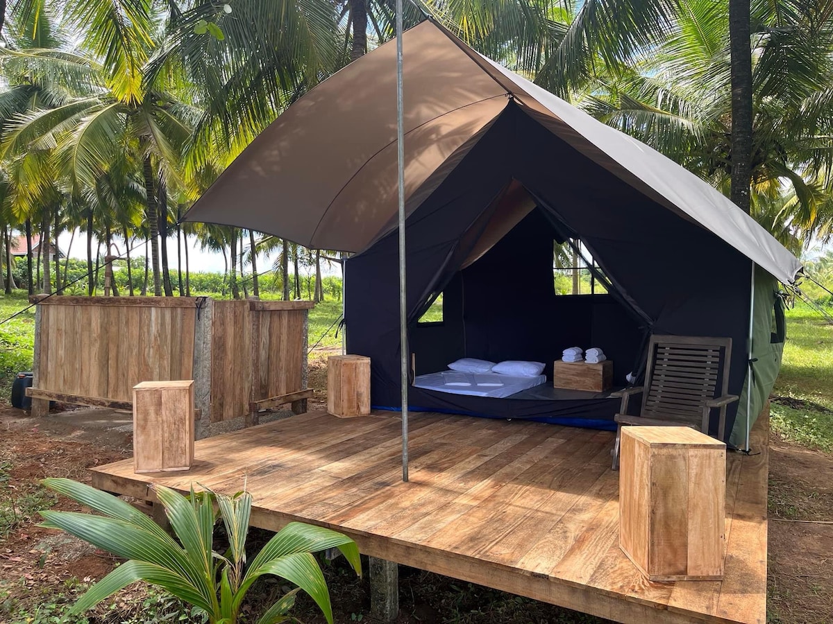 A spacious tent is set on a wooden platform surrounded by palm trees. Inside, two soft mattresses are arranged with pillows. Natural wooden crates serve as seating options on the deck, blending with the tranquil outdoor setting.