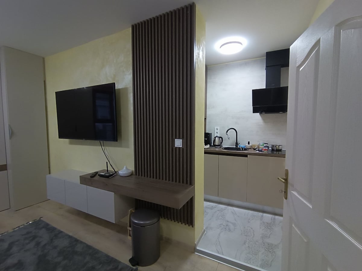 A modern living space features a mounted television against a textured wall. A sleek wooden shelf is positioned beneath the TV. An open kitchen area is visible in the background, equipped with a variety of appliances and cabinets, complemented by neutral color tones.
