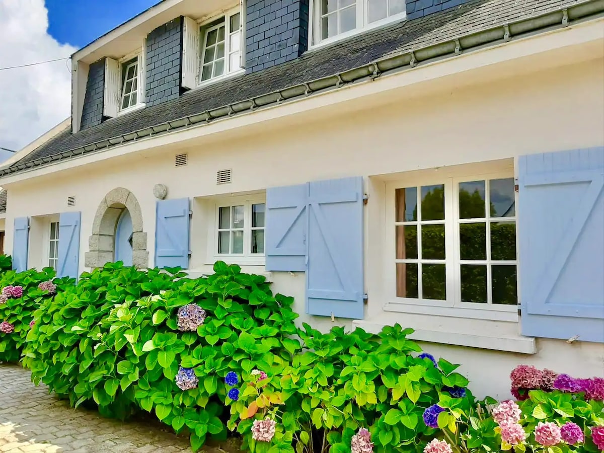 A charming facade of a two-story house is framed by vibrant hydrangea bushes. Large windows feature soft blue shutters, allowing natural light to enter the interior. A stone pathway leads to the entrance, enhancing the welcoming atmosphere of the home.