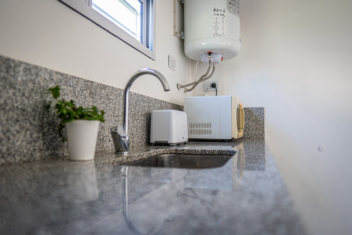 A modern kitchen corner features sleek granite countertops, complemented by a small potted plant. An electric kettle, microwave, and water heater are arranged neatly, ensuring a functional cooking space. Natural light filters through a nearby window, creating a bright atmosphere.