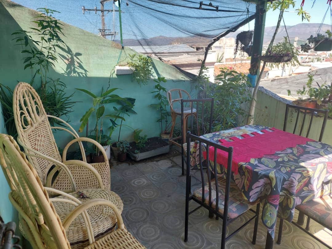 A rooftop terrace is adorned with potted plants and foliage, creating a relaxed environment. Comfortable seating includes woven chairs and a dining table covered with a colorful tablecloth. The backdrop features distant views of rooftops and hills, enhancing the space's charm.
