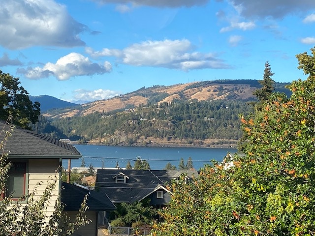 A serene view showcases the Columbia River framed by rolling hills and greenery. Blue skies with fluffy clouds enhance the landscape, while residential roofs are visible in the foreground, blending harmoniously with the natural surroundings.