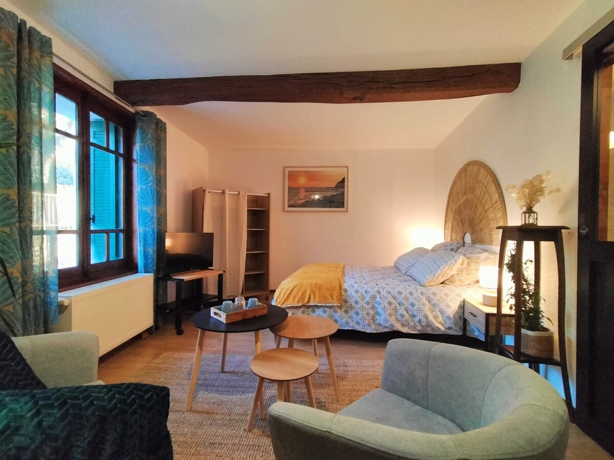 A cozy studio space features a spacious bed with soft linens and decorative pillows. A comfortable seating area includes a light-colored armchair and table, while a TV and shelving unit are arranged for convenience. Natural light flows in through large windows framed by patterned curtains.