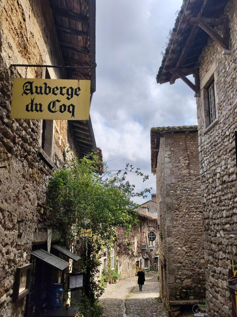 A narrow cobbled street is lined with rustic stone buildings, while a sign reading 'Auberge du Coq' hangs above. A lush green plant climbs the wall, adding a touch of nature to the historic ambiance. A person in dark clothing walks down the path, contributing to the scene's charm.