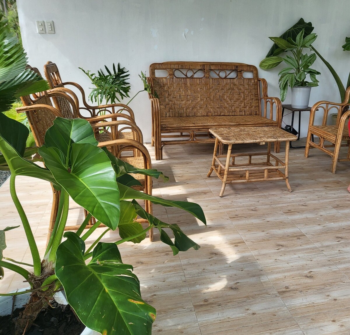 A seating area features a natural wicker sofa and matching chairs arranged around a wooden coffee table. Lush green plants are positioned nearby, adding a touch of nature to the space. The floor is covered with light-colored tiles, enhancing the overall organic feel.