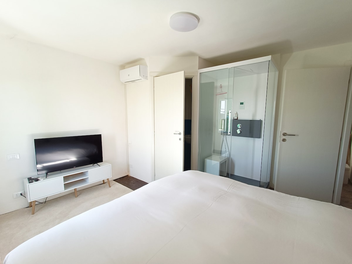 A spacious bedroom is presented, featuring a large bed with a smooth white coverlet, a flat-screen TV mounted on a minimalist stand, and an air conditioning unit. A glass-enclosed shower stall is located in one corner, with light flooding in from a nearby window.