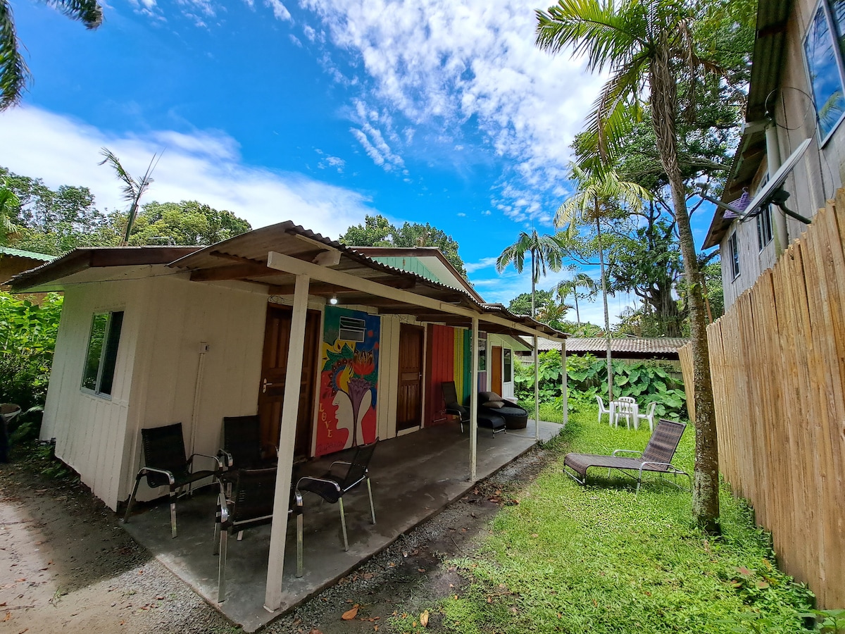 A simple wooden house is shown, surrounded by lush greenery. The covered porch features chairs and a chaise lounge. Colorful wall art adorns one side, and the exterior is complemented by a spacious yard with grassy areas and tropical plants.
