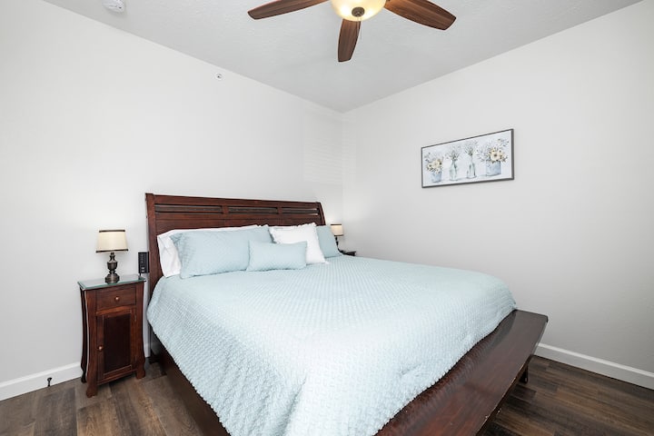 Each comfortable bedroom is outfitted with new linens and a large flatscreen TV. 