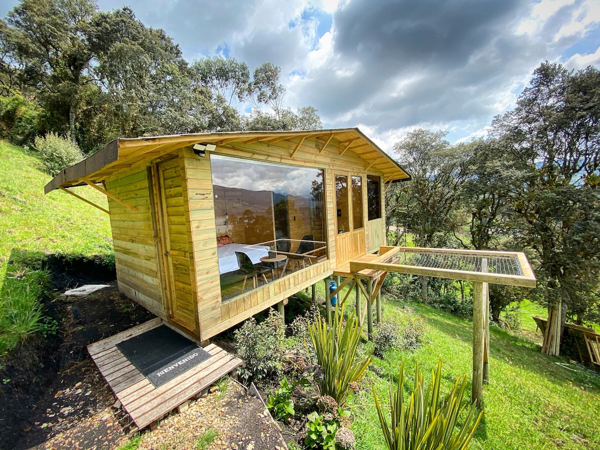 The cabin features a wooden exterior with large glass windows. A small deck extends from the front, providing views of the surrounding greenery. Outdoor seating is visible on the deck, blending the structure with its natural environment.