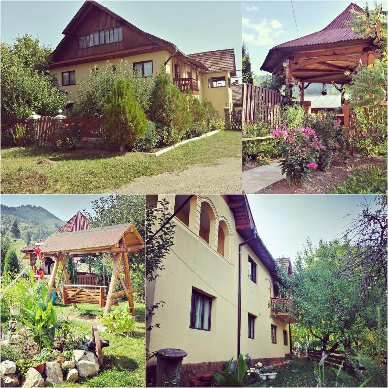 A charming property is surrounded by greenery, featuring well-maintained gardens with colorful flowers and trees. A cozy covered wooden structure is visible, providing a shaded area for relaxation. The exterior showcases a multi-story building with a sloped roof and several balconies overlooking the garden.