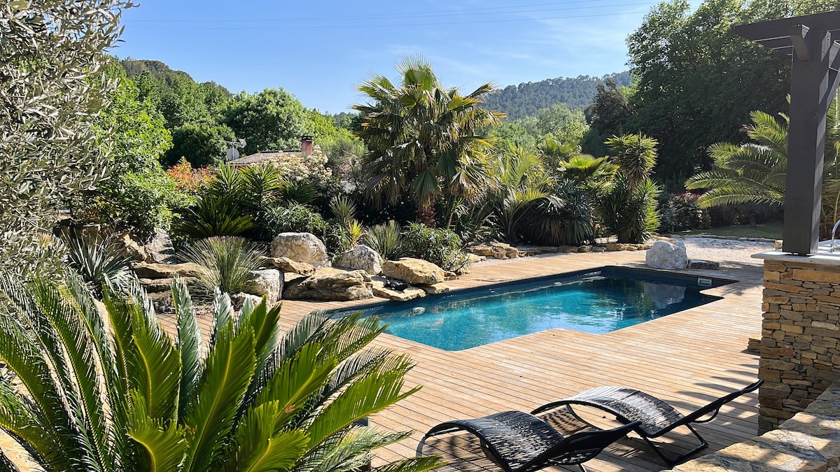 An outdoor space features a private swimming pool surrounded by wooden decking. Lush greenery, including palm trees and ornamental plants, adds a tropical feel. Two lounge chairs sit near the pool, inviting relaxation under the clear blue sky.