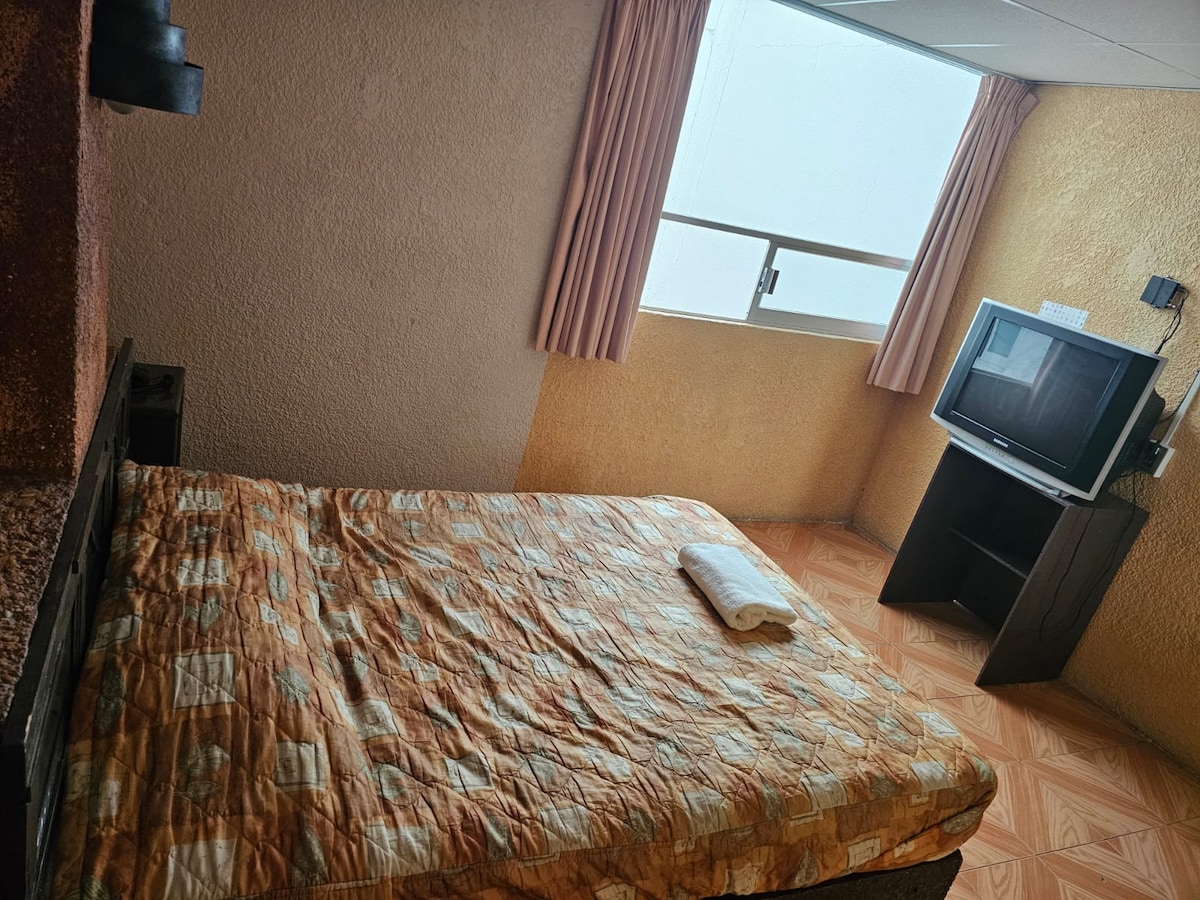 A cozy sleeping area features a spacious bed with a textured blanket and a pillow atop it. A small television is positioned on a dark wooden stand, and natural light enters through a large window, complemented by light-colored curtains.