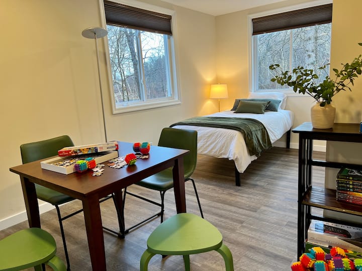 We sometimes refer this room as the Sunroom. In this room, there is single bed on one side (shown in this pic) and a bunk bed with a single bed on the top and a queen bed at the bottom.