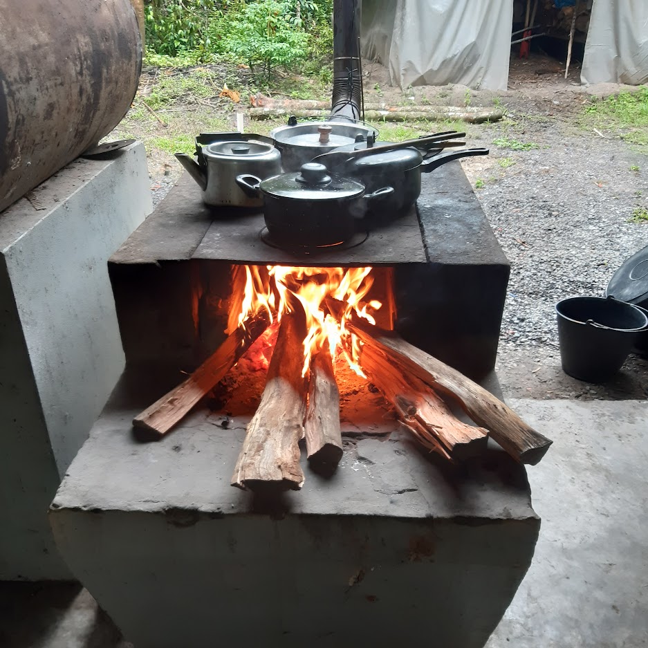 An outdoor cooking area is seen with a stone stove, where a fire burns brightly beneath a flat cooking surface. Cookware, including pots and pans, is arranged on top, while wooden logs create a warm flame. Surrounding greenery enhances the natural setting.