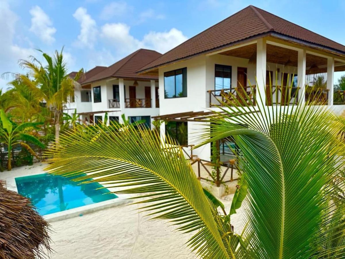 A modern two-story building is surrounded by lush palm trees and tropical plants, with a clear pool nestled in the sandy area. The structure features large windows and balconies, creating a seamless flow between indoor and outdoor spaces.