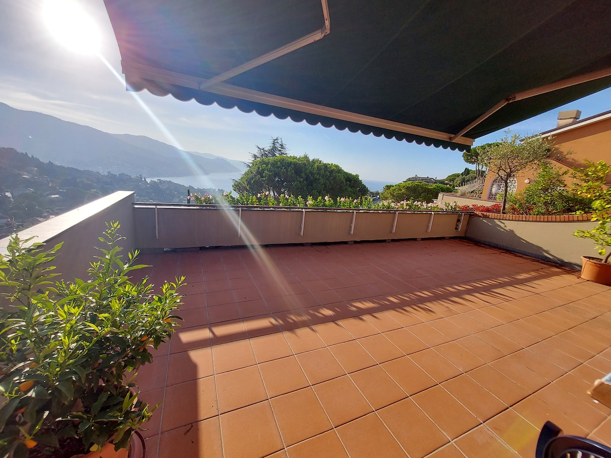 A spacious terrace is featured, showcasing a tiled surface with plants in pots along its perimeter. A sunshade provides coverage, and the stunning view of the surrounding landscape, including rolling hills and distant water, is visibly present. Sunlight highlights the area, creating a bright ambiance.