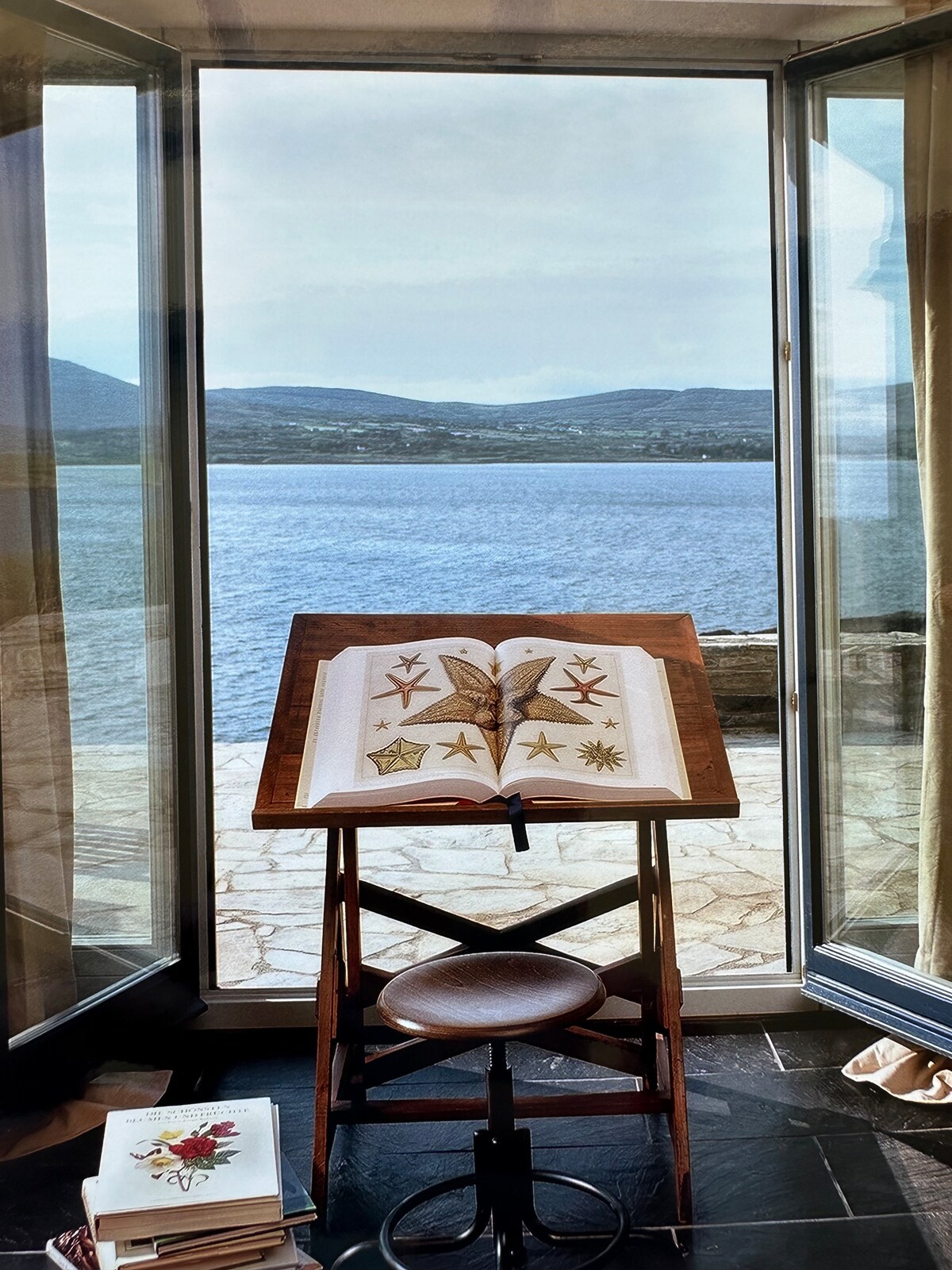A wooden easel holds an open book displaying natural illustrations, positioned in front of a large glass door. The view features expansive water and distant mountains, creating a serene backdrop. A stool stands beside the easel, with a few stacked books nearby on the slate floor.