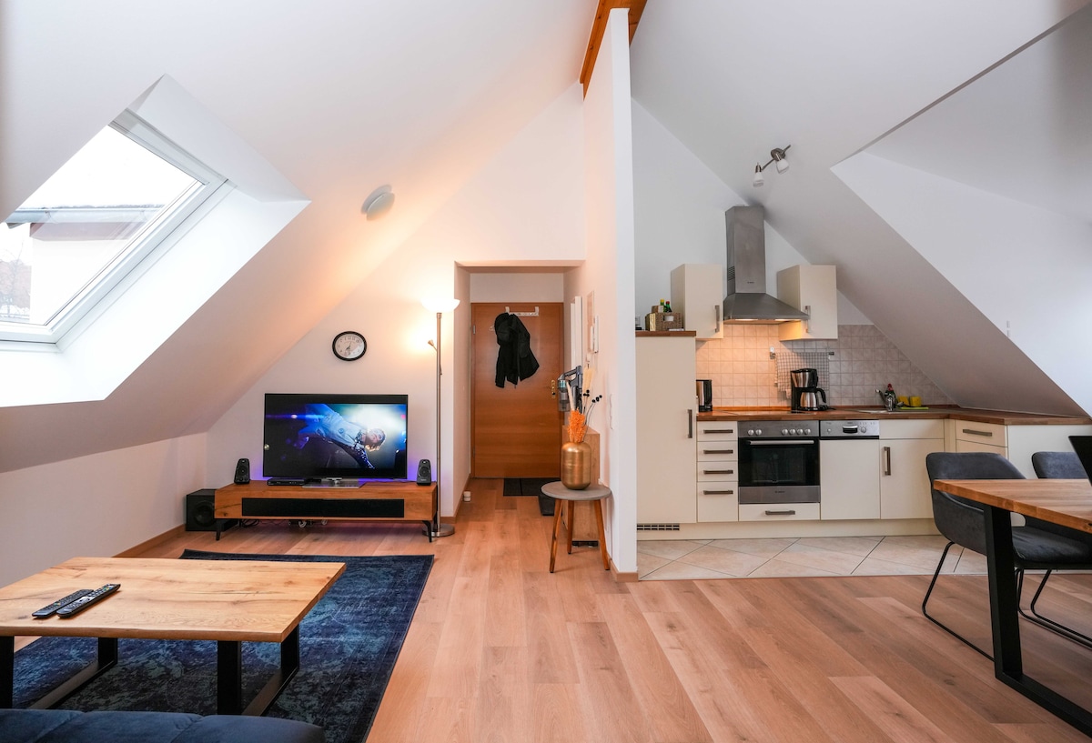 The spacious living area is highlighted by a flat-screen television positioned on a wooden stand, with a soft rug underfoot. A modern kitchen is equipped with essential appliances and dining space, while natural light filters through the sloped windows.