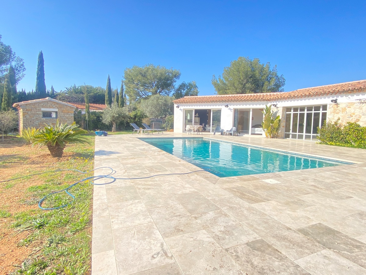 A spacious pool area is showcased, featuring a clear swimming pool surrounded by stone tiles. Lush greenery and decorative plants are set around the perimeter, while a stone structure is visible in the background. The sky is bright blue, contributing to a serene outdoor setting.