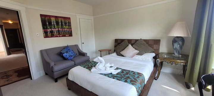 سرير بحجم كوين مع إطلالة رائعة على حديقة بريسيتا.  مشرق جدًا. تلفزيون ذكي 43بوصة وأريكة ومكتب للعمل عليه.