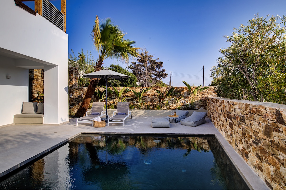 An outdoor area features a plunge pool surrounded by a stone wall. Sun loungers and soft cushions are positioned nearby under a large umbrella. Lush greenery is visible in the background, with clear blue skies above, creating a serene relaxation spot.