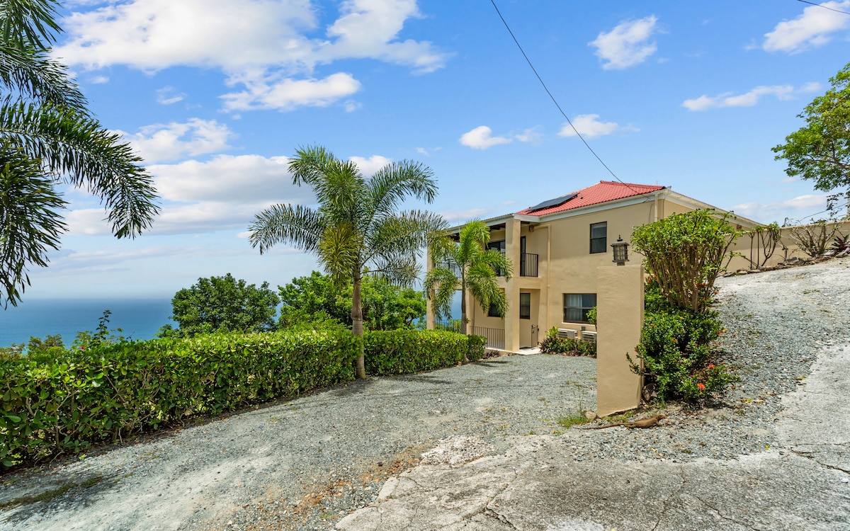 A private duplex is set against a backdrop of tropical greenery and ocean views. The driveway is lined with low shrubbery, leading up to the entrance. Palm trees are strategically placed, contributing to the serene environment of the secluded location.