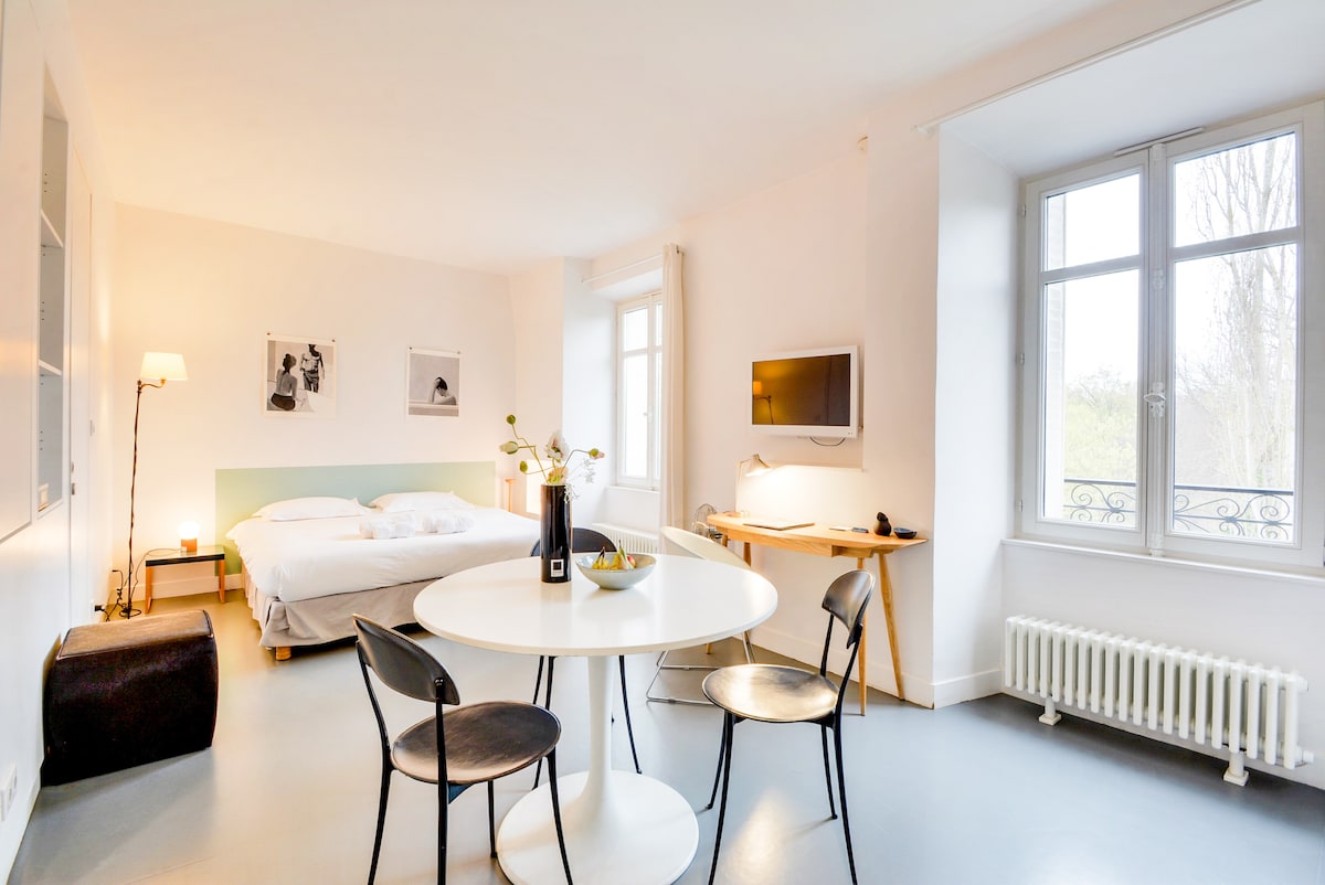 A well-lit studio features a spacious area with a king-size bed, round dining table, and black chairs. Natural light enters through large windows, illuminating the room's neutral decor. A flat-screen TV is mounted on the wall, while a small bedside lamp adds a cozy touch.