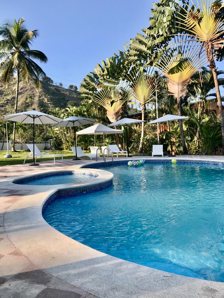 A clear blue pool surrounded by lush greenery features multiple umbrellas providing shade. White lounge chairs are positioned nearby, and a few colorful beach balls float in the water. Towering palm trees are visible in the background, enhancing the serene atmosphere.