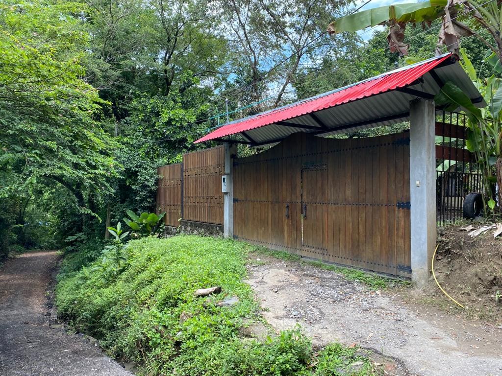 A sturdy wooden gate, complemented by a vibrant red roof, stands at the entrance of the property. Lush greenery surrounds the entrance, with tropical plants providing a natural frame. A gravel path leads into the serene landscape, enhancing the feeling of seclusion.