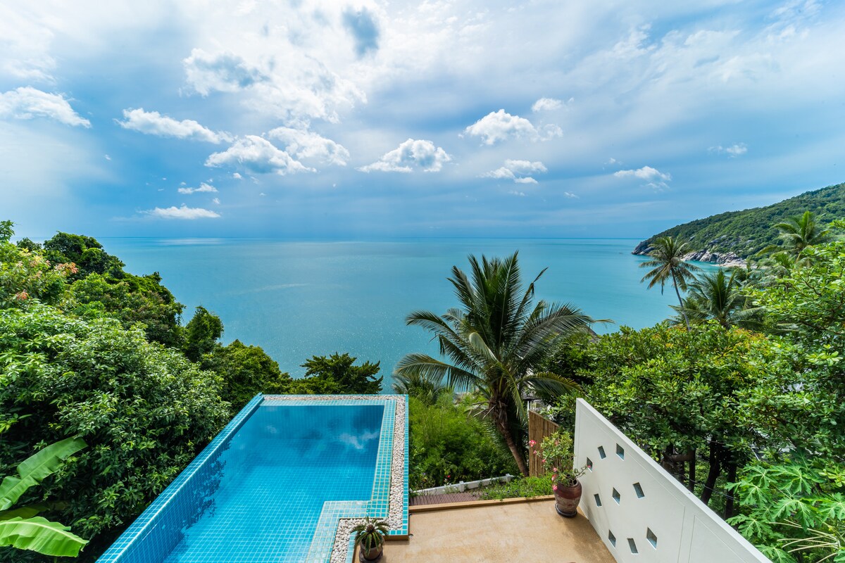 An expansive infinity pool is positioned on a terrace, overlooking the ocean and lush greenery. Palm trees are visible in the foreground, framing the serene view of the sea under a sky filled with soft clouds.