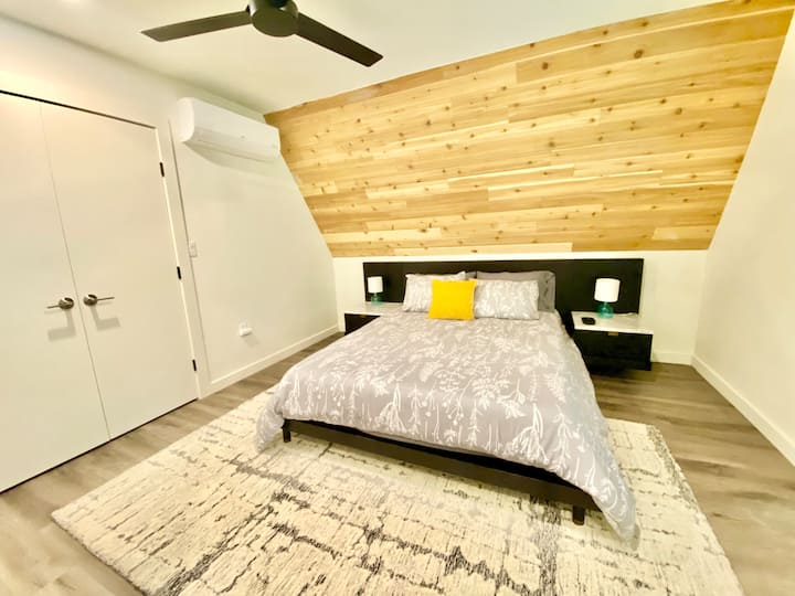 Queen bedroom is spacious, large closet. 
Black out blinds & mini-split, ceiling fan.