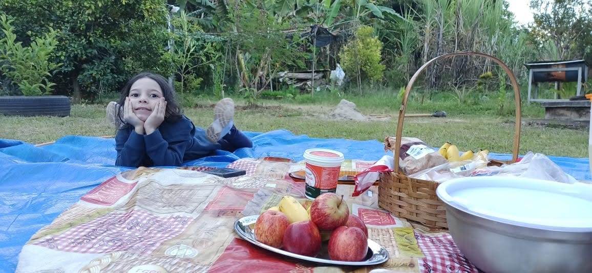 A picnic setup is displayed on a colorful blanket, featuring a basket filled with assorted fruits and a bowl of apples. In the background, lush greenery and trees create a natural setting. A figure is reclining on the blanket, enjoying the relaxed outdoor atmosphere.