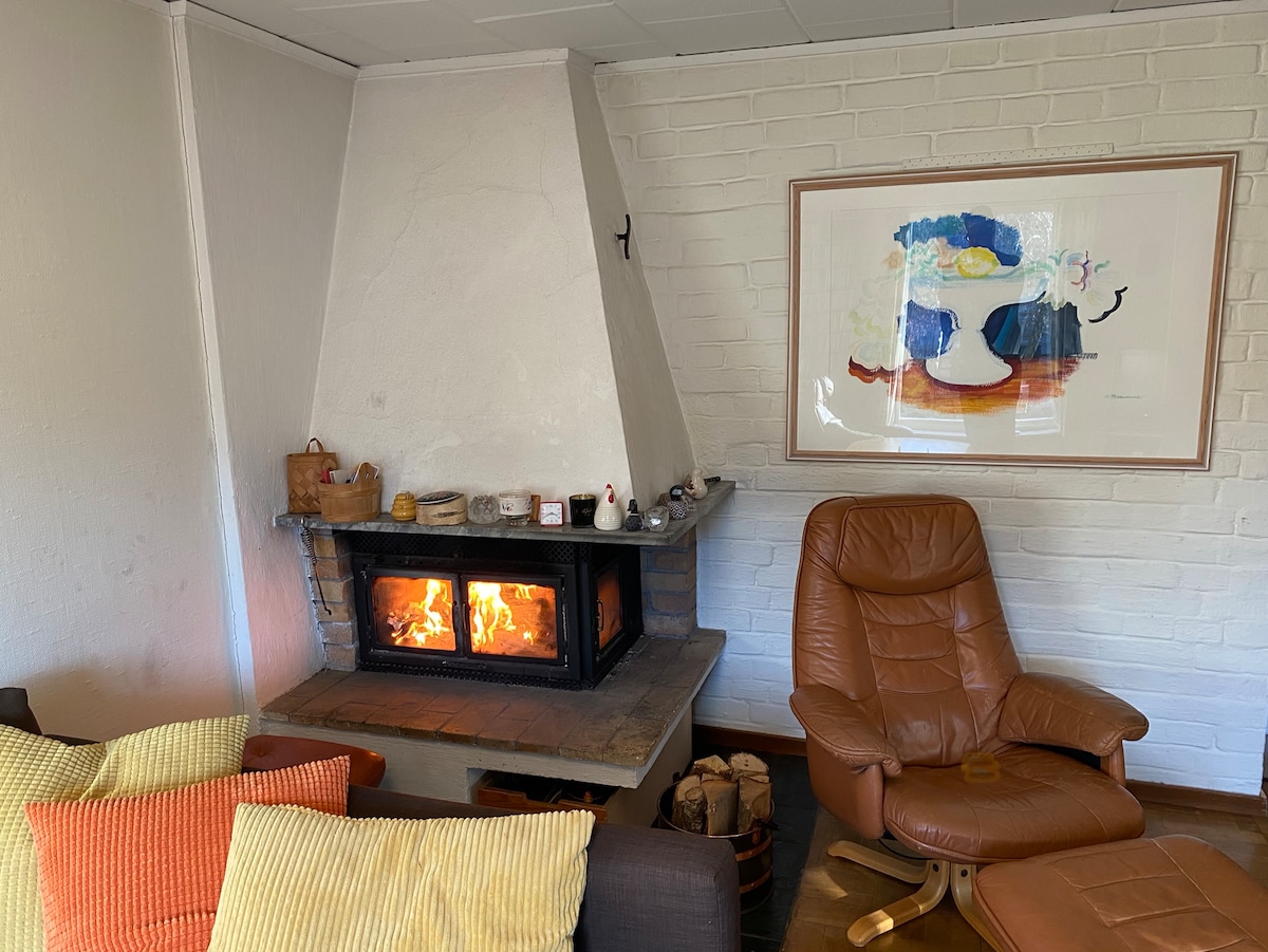 A snug sitting area showcases a stone fireplace with flickering flames. Adjacent, a recliner complements the space, while soft cushions in various colors enhance comfort. An artwork hangs above, adding a touch of personality to the room's overall warmth.