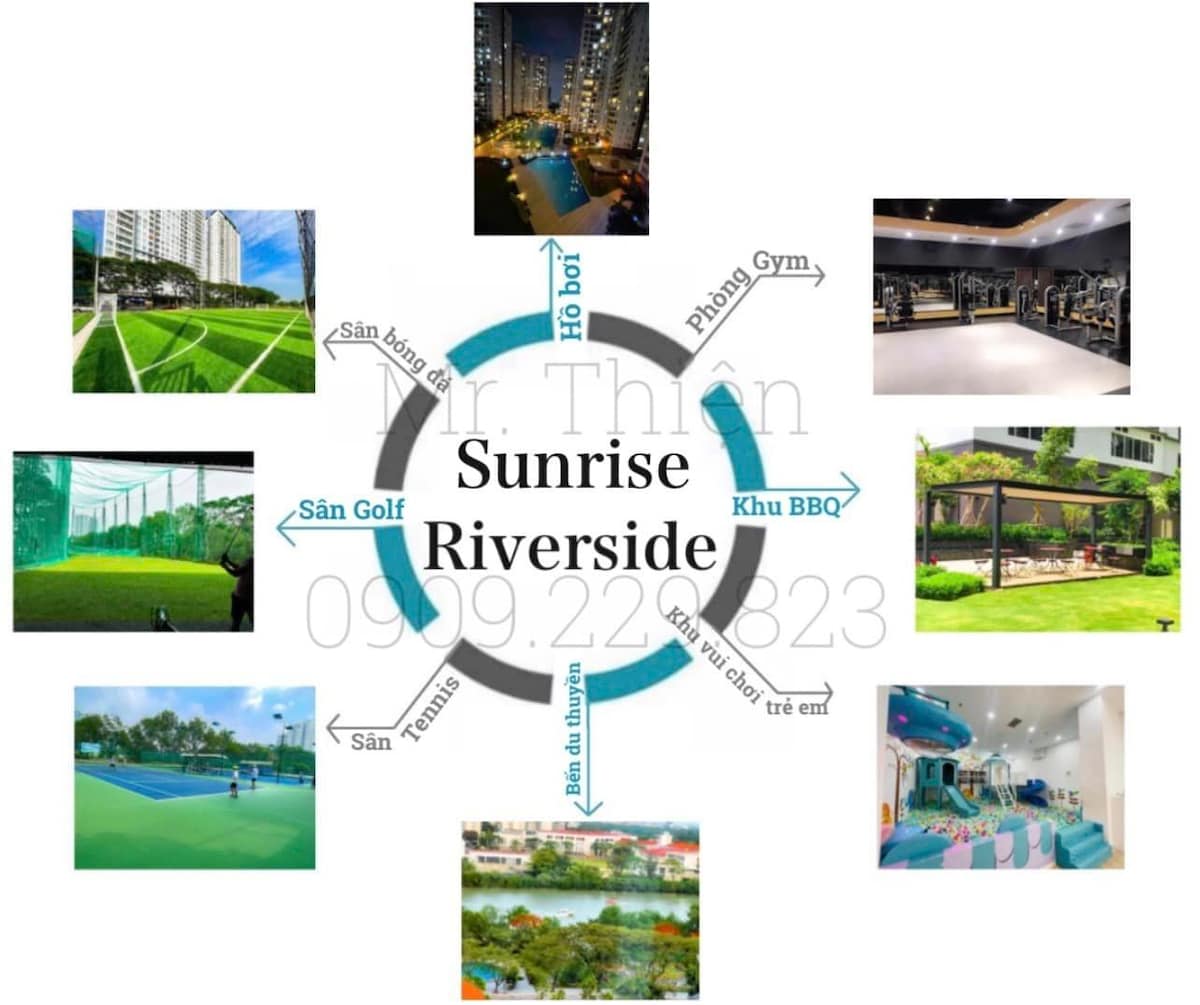 A central graphic showcases various amenities available at Sunrise Riverside, including a swimming pool, gym, golf course, BBQ area, and play area for children. Surrounding images depict well-maintained greenery, sports facilities, and modern living spaces, illustrating an active and community-focused environment.