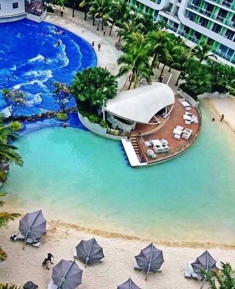 A turquoise pool is seen alongside a sandy beach area, dotted with sunshade umbrellas. Lounge chairs are arranged near a wooden deck overlooking the water. Palm trees surround the area, creating a tropical ambiance. The water features gentle waves, inviting leisurely activities.