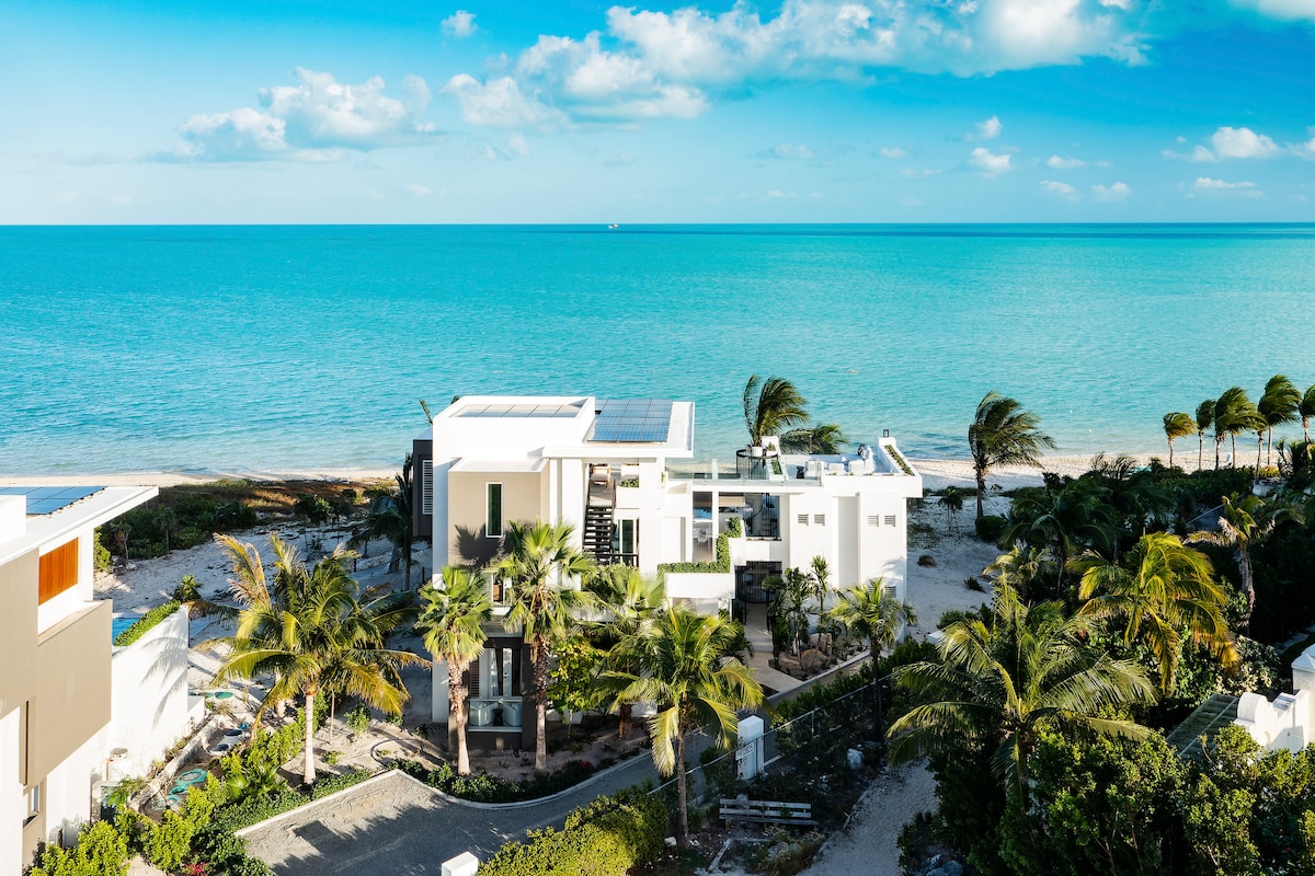 A panoramic view of a coastal property is presented, showcasing modern architecture nestled among palm trees. The azure ocean meets a clear sky, creating a serene backdrop. The beach is visible, with gentle waves lapping at the shore, enhancing the tranquil ambience of the scene.