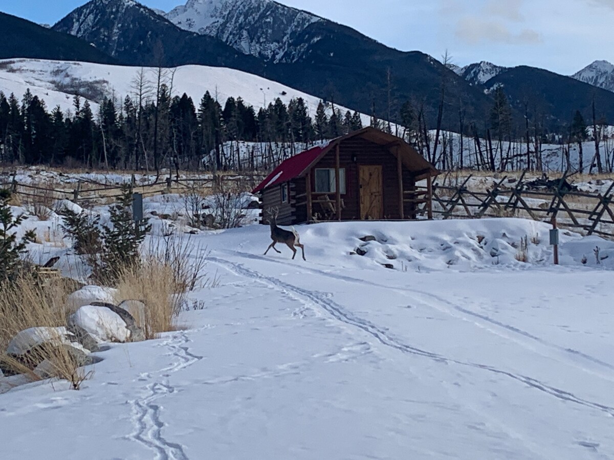A rustic cabin with a red roof is positioned against a backdrop of snow-covered mountains and evergreen trees. Animal tracks are visible in the snow leading towards the cabin, while a deer is seen gracefully moving nearby.