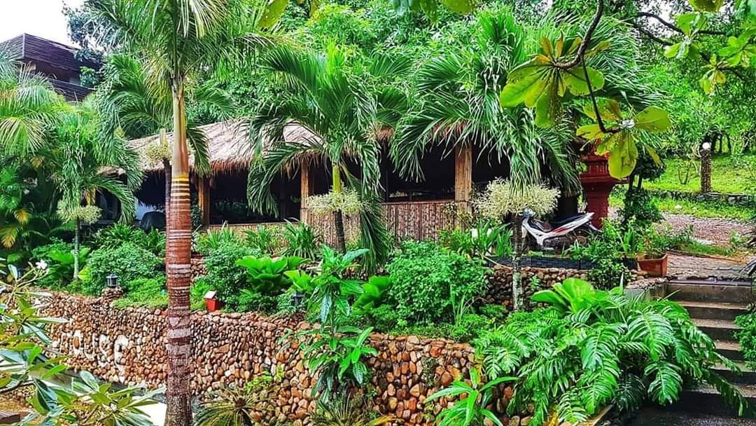 A charming structure with a thatched roof is surrounded by lush greenery, featuring various tropical plants and trees. A decorative stone wall encloses the space, complemented by steps leading to the entrance. The outdoor area is inviting and serene, ideal for enjoying nature.