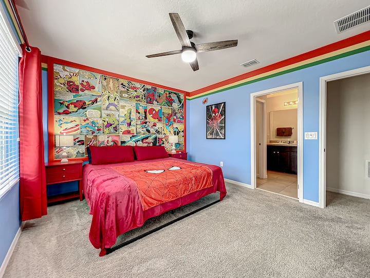 Experience the excitement of a Spider-Man-themed bedroom, with bold décor and a heroic atmosphere perfect for relaxation and adventure!
