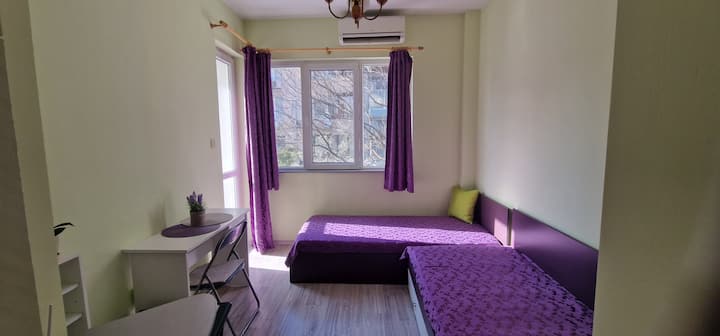 Светла и слънчева стая с гледка към зелен вътрешен двор.
Локацията на стаята по идеален начин ограничава градския шум от булеварда.