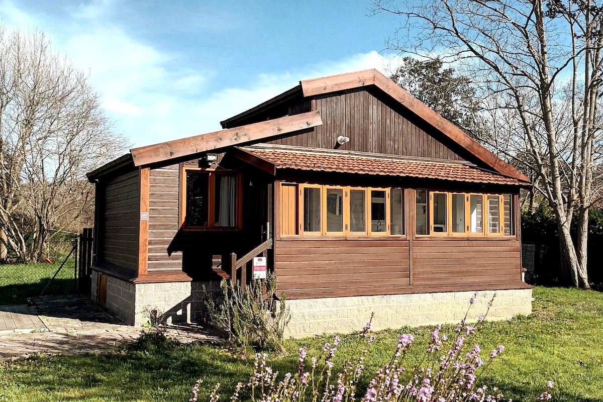 The wooden cabin is set in a spacious garden with greenery surrounding it. Large windows provide abundant natural light and a welcoming facade. The structure features a combination of wooden paneling and stone details, creating a harmonious blend with the rustic landscape.