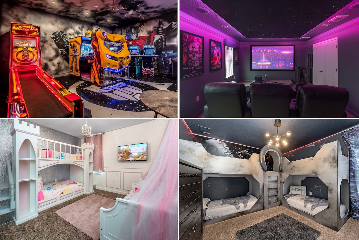 The arcade room features vibrant wall murals and commercial-grade gaming equipment for entertainment. Adjacent, the theater room includes plush seating and a large screen, set against a galaxy-themed ceiling. The children's rooms showcase a princess-themed bed and a Star Wars spaceship bunk, both designed for comfort and fun.
